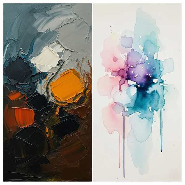 Confronto tra stili artistici AI: pittura ad olio astratta vs acquerello