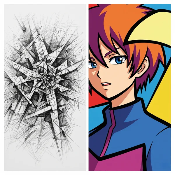 Rappresentazione astratta degli stili artistici AI: schizzo vs anime